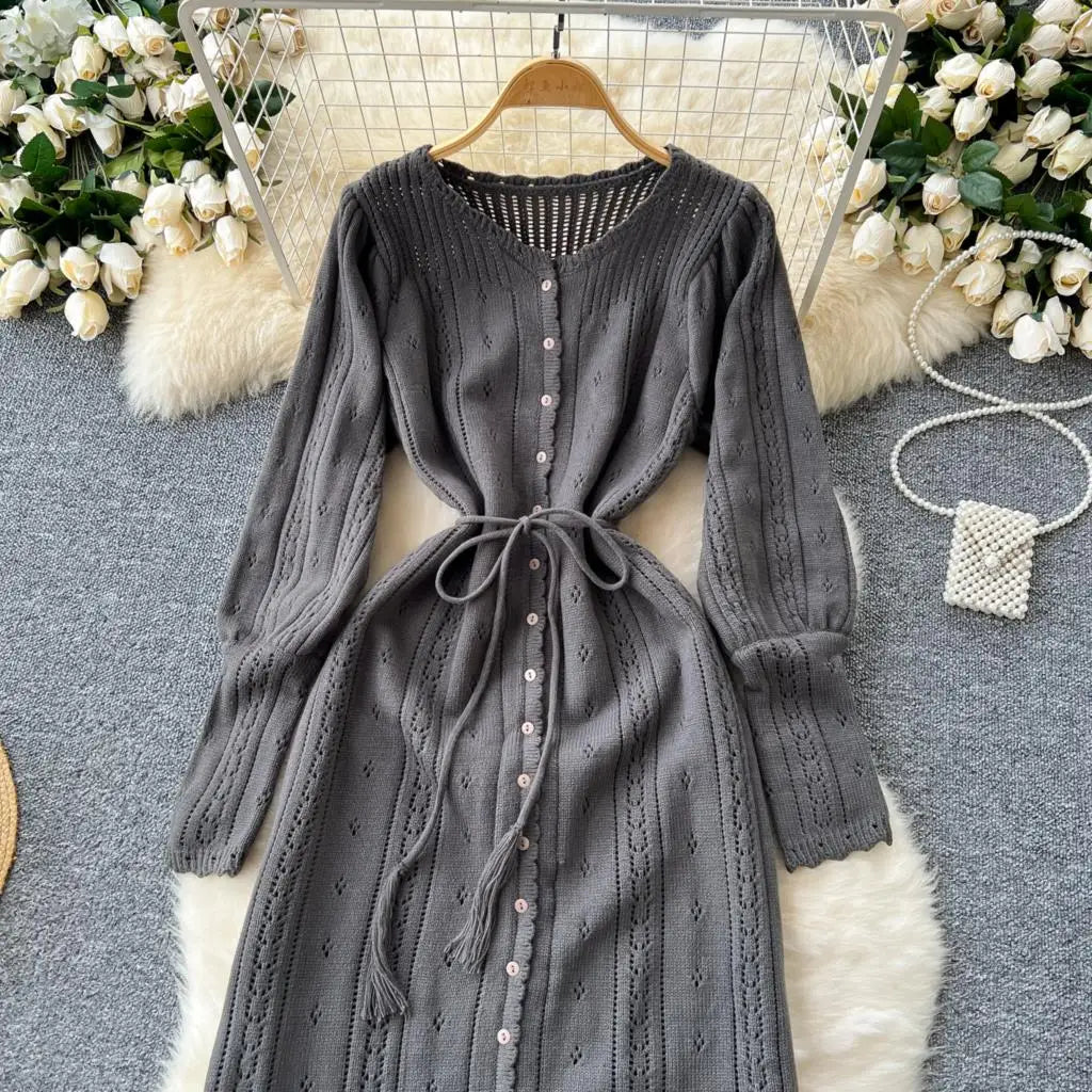 Elegant Autumn Solid Knitted Dresses for Women Sweet Hook Flower Hollow Strap A-line Korean Fashion Casual Vestidos Mujer New
