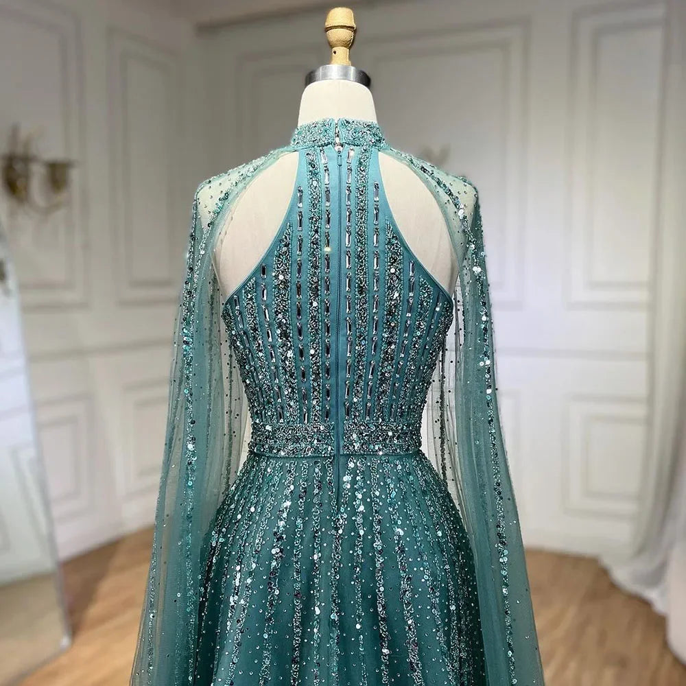 Serene Hill Arabic Turquoise A Line Cape Sleeve Beaded Luxury Dubai Evening Dresses Gowns For Women Wedding Party 2024 BLA72306A