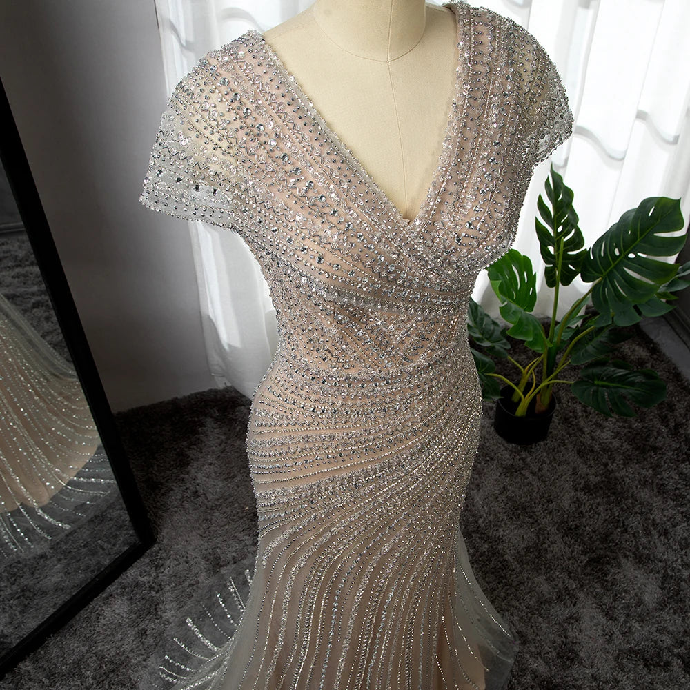 Silver Nude Mermaid Evening Gowns for Women 2023 Dubai Luxury Beading Sparkle Sleeveless Sexy Formal Dress BLA71686 Serene Hill