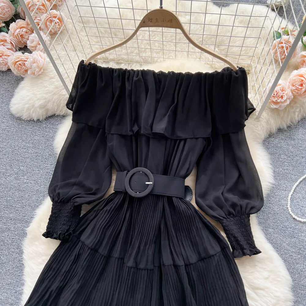 Vintage Pleated Slash Neck Off Shoulder High Waist  Dress Long Sleeve  Dress Chic Summer Beach Vestidos Women Vacation Sundress