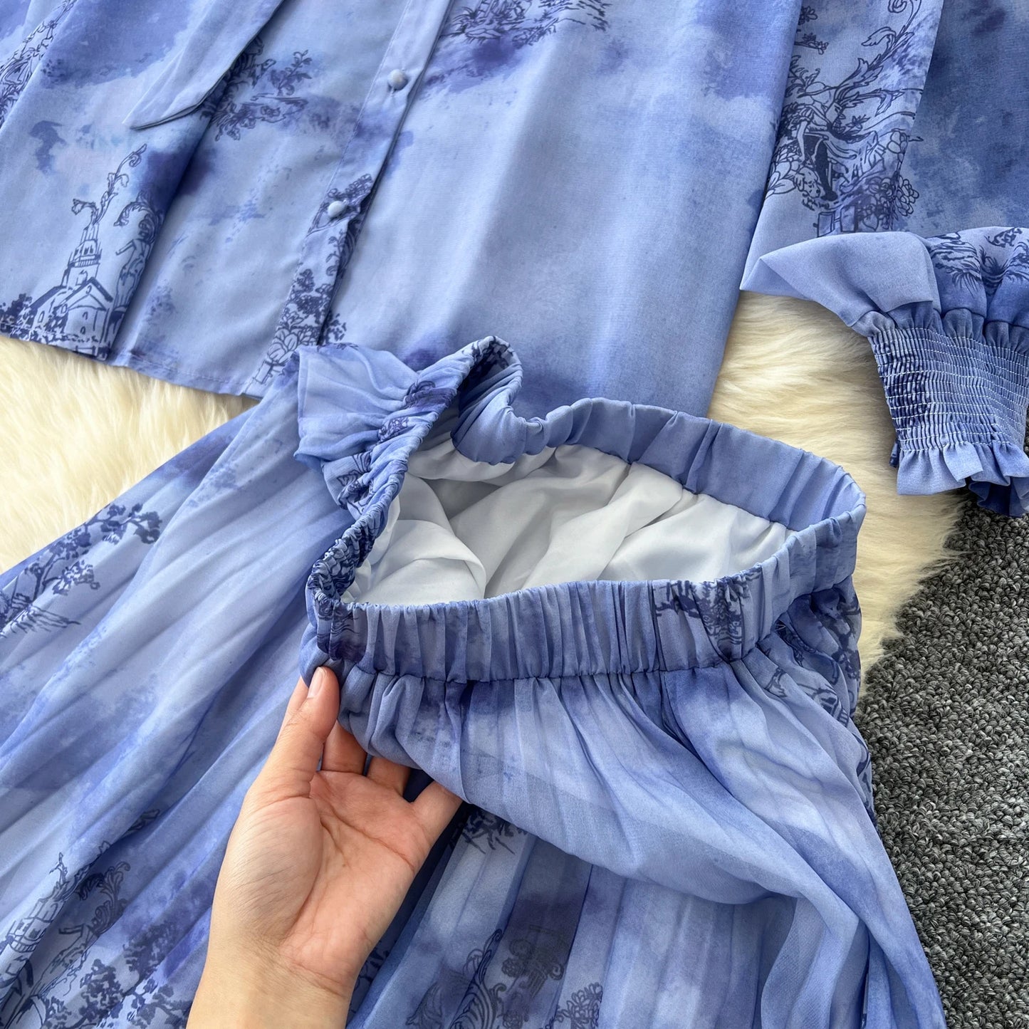 Women Chic Print Sweet Two Pieces Sets Bow Lantern Long Sleeve Top  High Waitst Wide Skirt Fashion Summer Sets