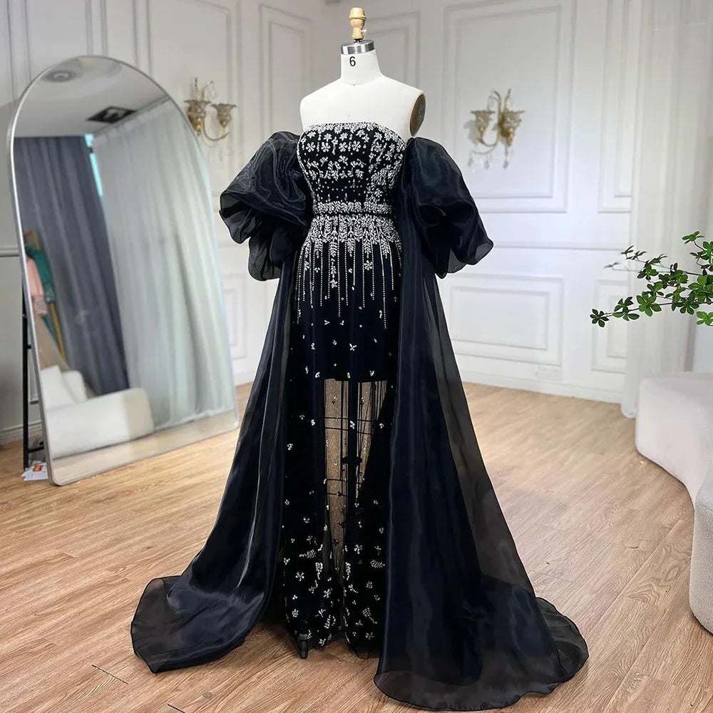 Serene Hill Black Sexy Off the Shoulder Puff Sleeves Evening Dresses Beaded Overskirt Mermaid Party Gown For Women 2023 BLA72002