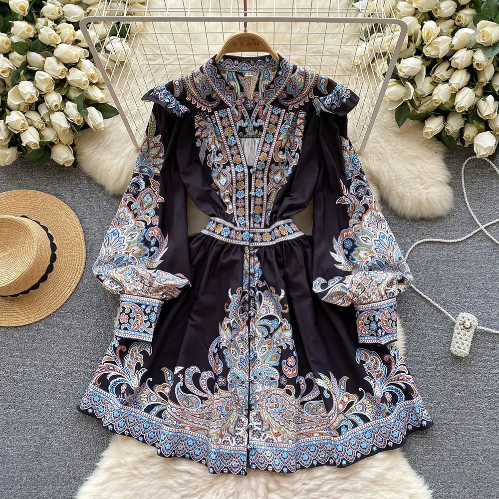 Elegant Dresses For Women 2024 V Neck Vintage Paisley Print Mini Holiday Dress Spring Ruffle Trim Long Sleeve Bohemian Dress