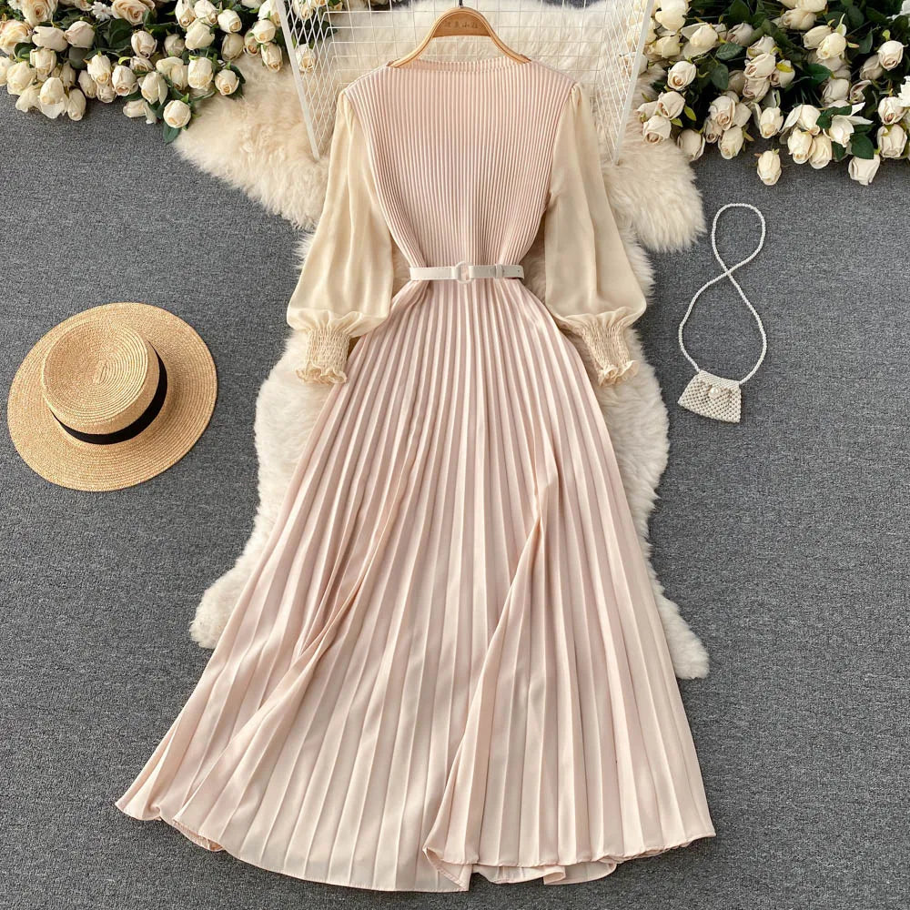Chic Pleated Elegant Puff Sleeve Dress A-line Chiffon High Waist Belt Beach Vacation Party Dress Women Summer Spring Vestidos