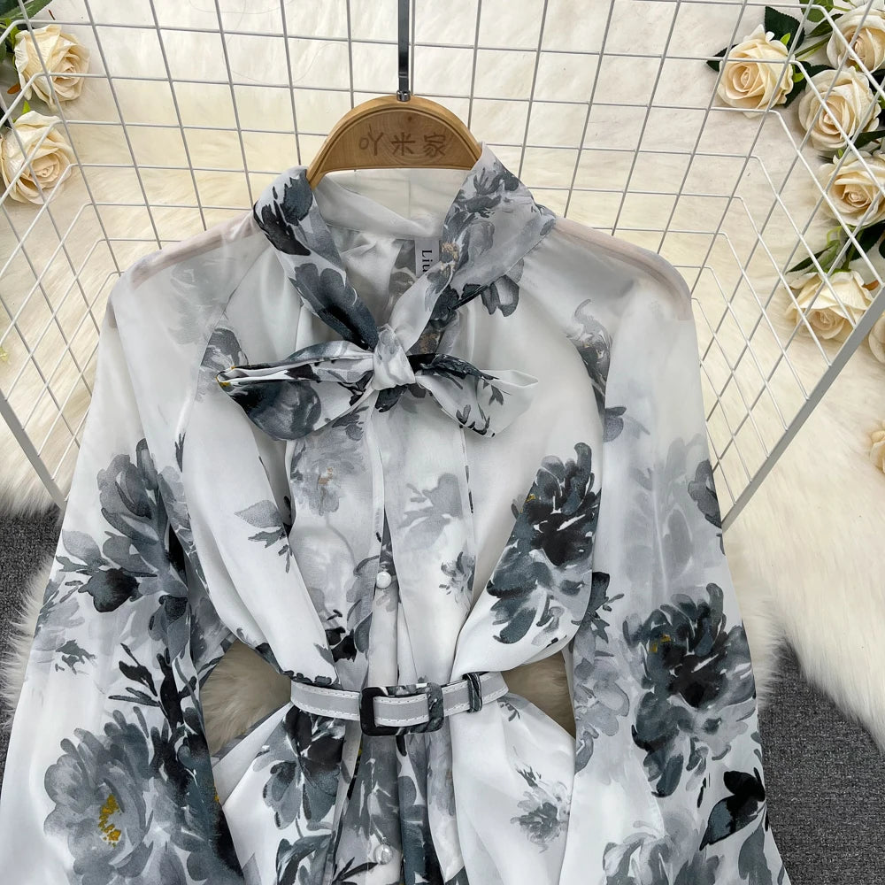 Elegant Casual Women Fashion Floral Print Long Dress Vintage Pleated A-Line Maxi Boho Beach Party Robe Female Clothes Mujers