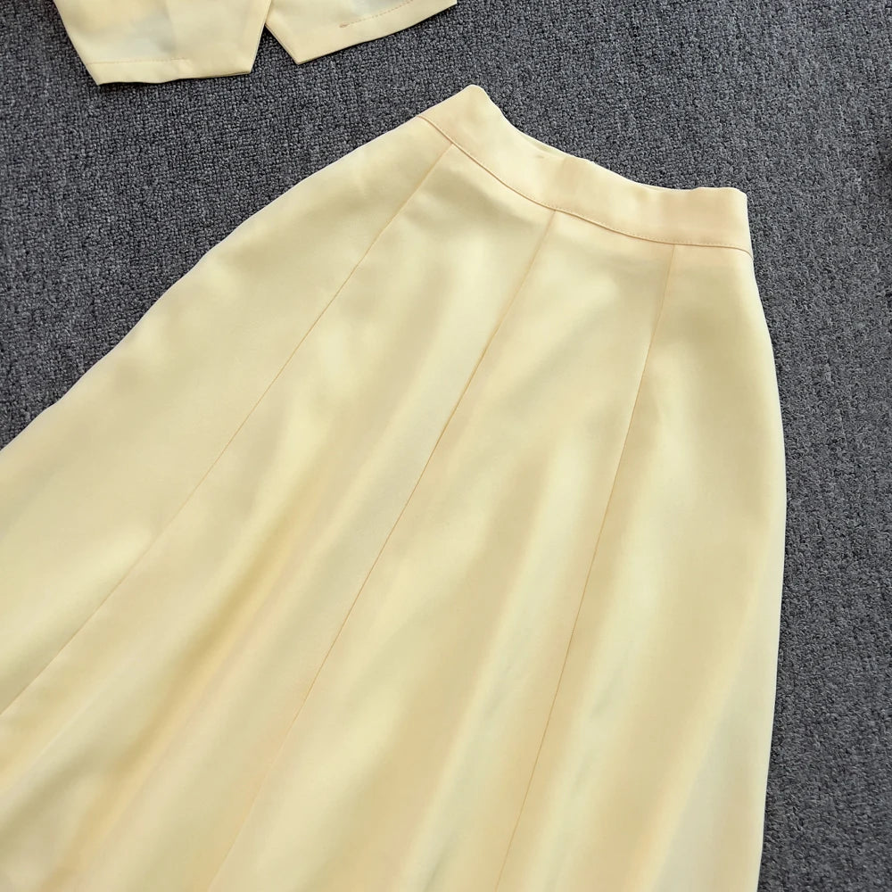 Chic Two Pieces Sets Sexy Single Breasted puff sleeve sweet blouse with Fashion basics A-line Skirt Vacation Sets