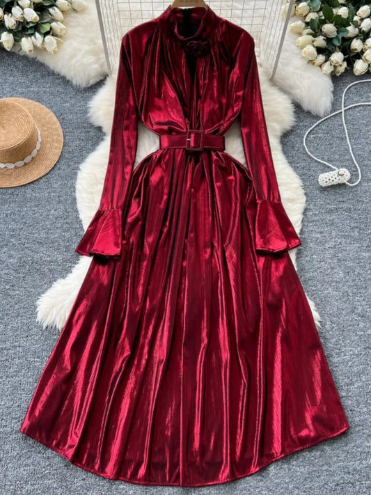 Autumn Vintage Pleated Women Long Dress Elegant Stand Collar Solid A-Line Party Prom Vestidos Female Birthday Clothes Mujers