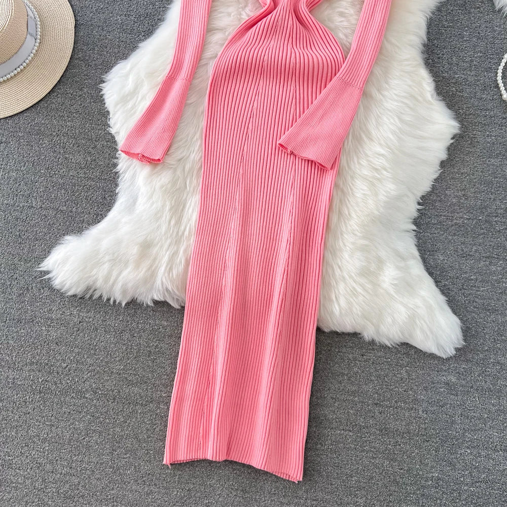 Women Chic Elegant Long Sleeve Bodycon Vneck Dress Sexy French Fashion Knit Wrap Vestidos Elastic Slim Pencil Sweater Dress