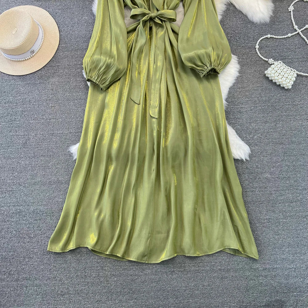 Autumn Elegant Women Fashion Party Long Dress Bow Lace Up Long Sleeve Evening Dresses A-Line Casual Vestidos One Piece Prom Robe