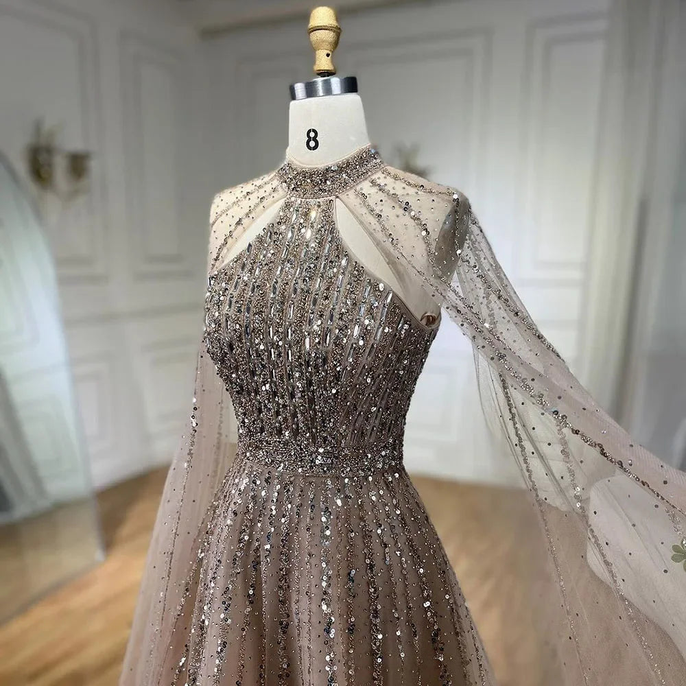 Serene Hill Arabic Turquoise A Line Cape Sleeve Beaded Luxury Dubai Evening Dresses Gowns For Women Wedding Party 2024 BLA72306A
