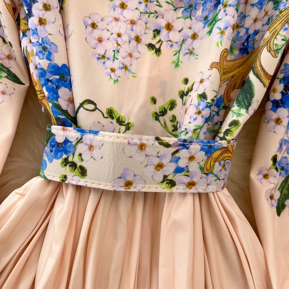 Vintage Print Elegant Lantern Long Sleeve Lapel A-line Dress Casual Women  Fashion Autumn Spring Dress