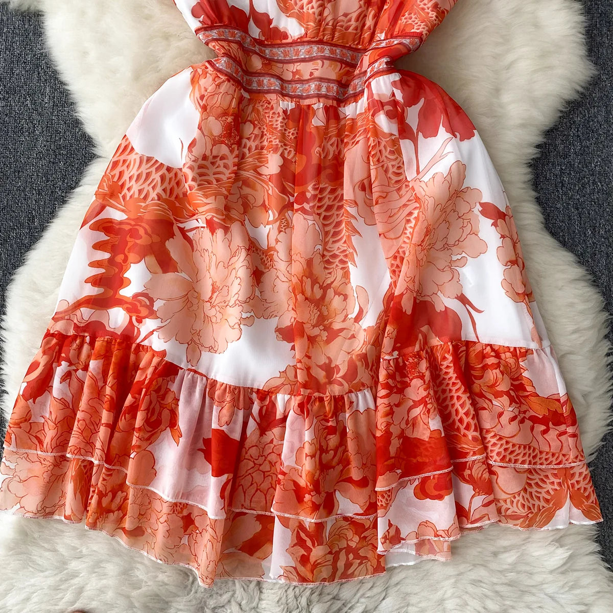 Short Dresses Women Cap Sleeve Vintage Print Chiffon Dress Faux Pearl Buttoned V Neck Ruffle Hem Wedding Elegant Party Dress