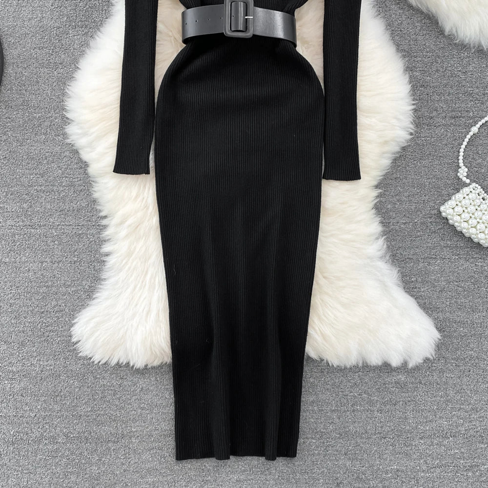 Elegant Turtleneck Long Sleeve Knit Soft Tight Pencil Dress with Belt Slim Fashion Warm Sweater Vestido Sexy Women Winter Robe