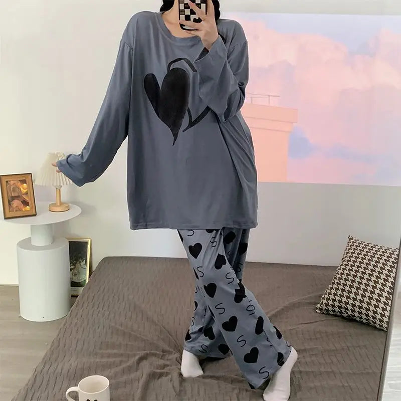 Plus Size 6XL 150kg Women Pajamas Set Long Sleeve Autumn Winter 2PCS Sleepwear Nightwear Female Suit Heart Print Tops and Pants