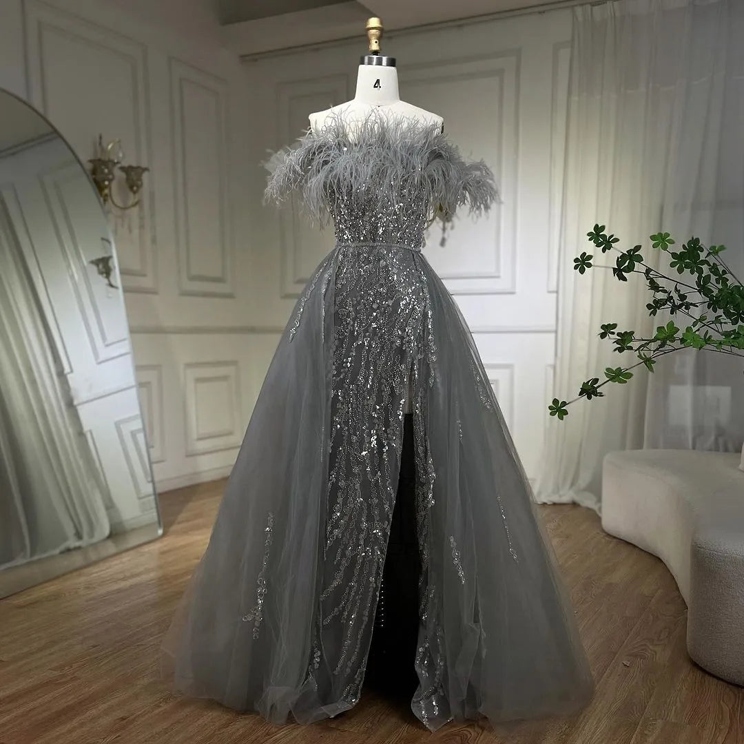 SERENE HILL 2024 Blue Feather Mermaid Luxury Beaded Evening Dresses Overskirt Formal Pink Gowns For Women Wedding Party GLA72061