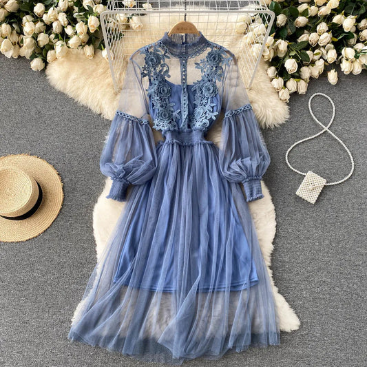 Retro Elegant Mesh Pleated two pieces Dress sets Sexy Fairy puff sleeve Summer Casual Vestidos Slim Women Evening Party Dress