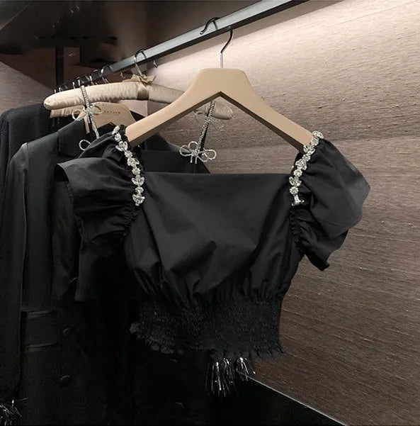 Heavy Industry Diamond Decorated Black Square Neck Cropped Shirt Women's Summer Elegant Temperament Waist Fold Bubble Sleeve Top