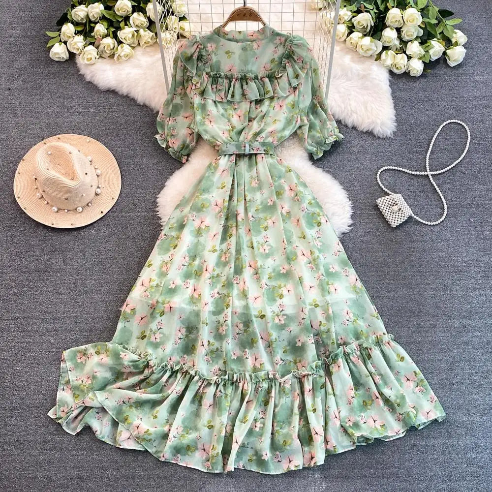 Summer Women Fashion Floral Print Casual Midi Dress Short Sleeve A-Line Maxi Boho Holiday Clothes Female Long Robe Mujers New
