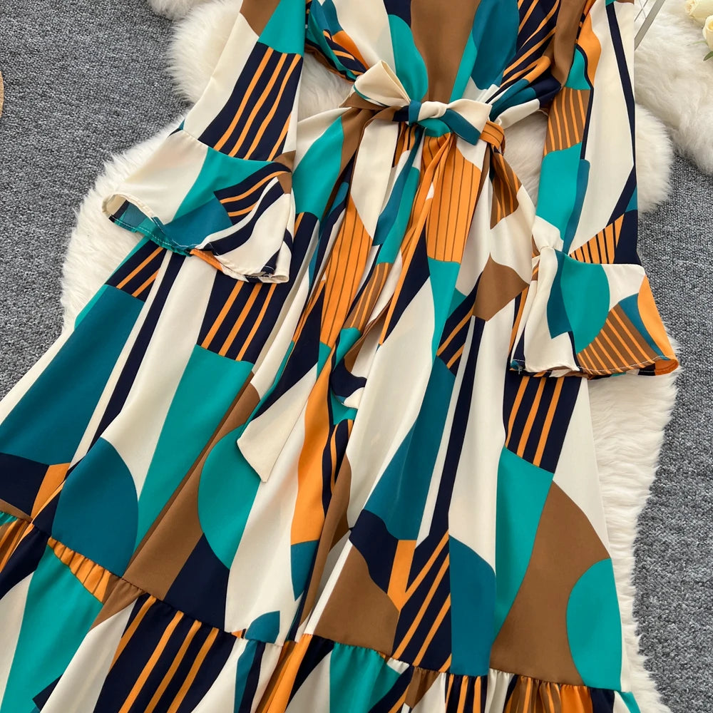 Women Vintage Print Dress for Women Autumn Flare Long Sleeves Lace Up Ruffles Slim Waist Evening Party Dresses A-Line Vestidos