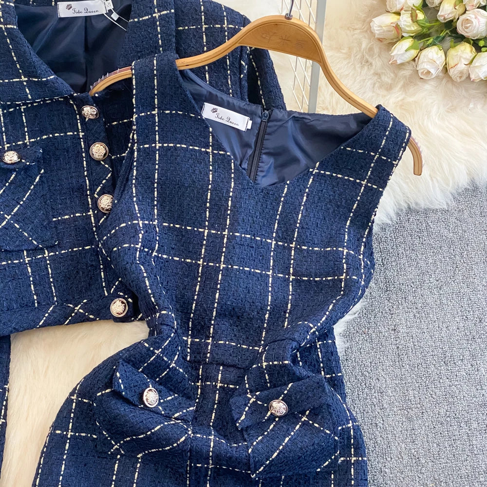 Women Checkered tweed Blazer 2-Piece Set Elegant Small Fragrance Wind Outfit Cropped Jacket+Mini Dresses Suit for Spring Autumn