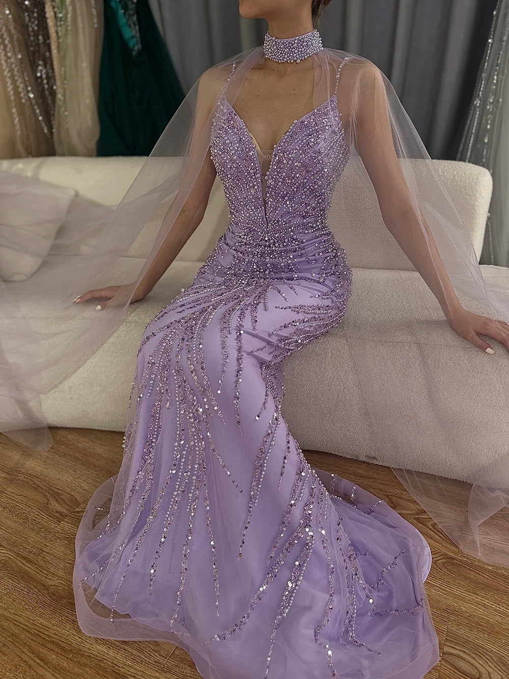 Serene Hill Spaghetti Strap Long Cloak Mermaid Caramel Beaded  Luxury Evening Dresses Gowns for Women's Party 2024 LA72768