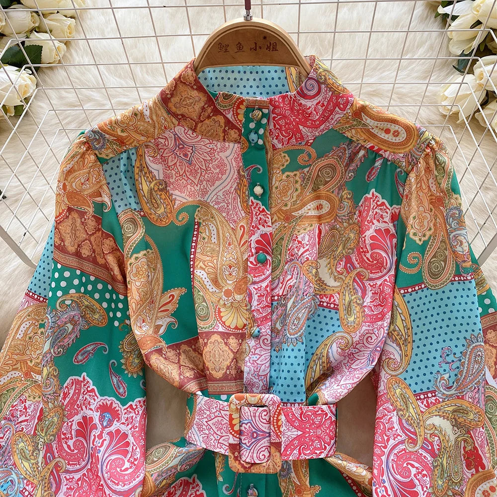 New In Dresses 2024 Spring Vintage Paisley Print Vacation Bohemian Dress Women Stand Collar Long Sleeve Mini Dress With Belt