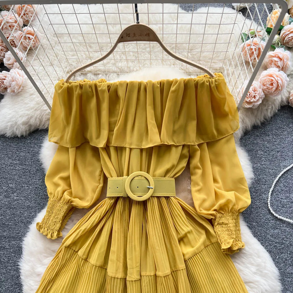 Vintage Pleated Slash Neck Off Shoulder High Waist  Dress Long Sleeve  Dress Chic Summer Beach Vestidos Women Vacation Sundress
