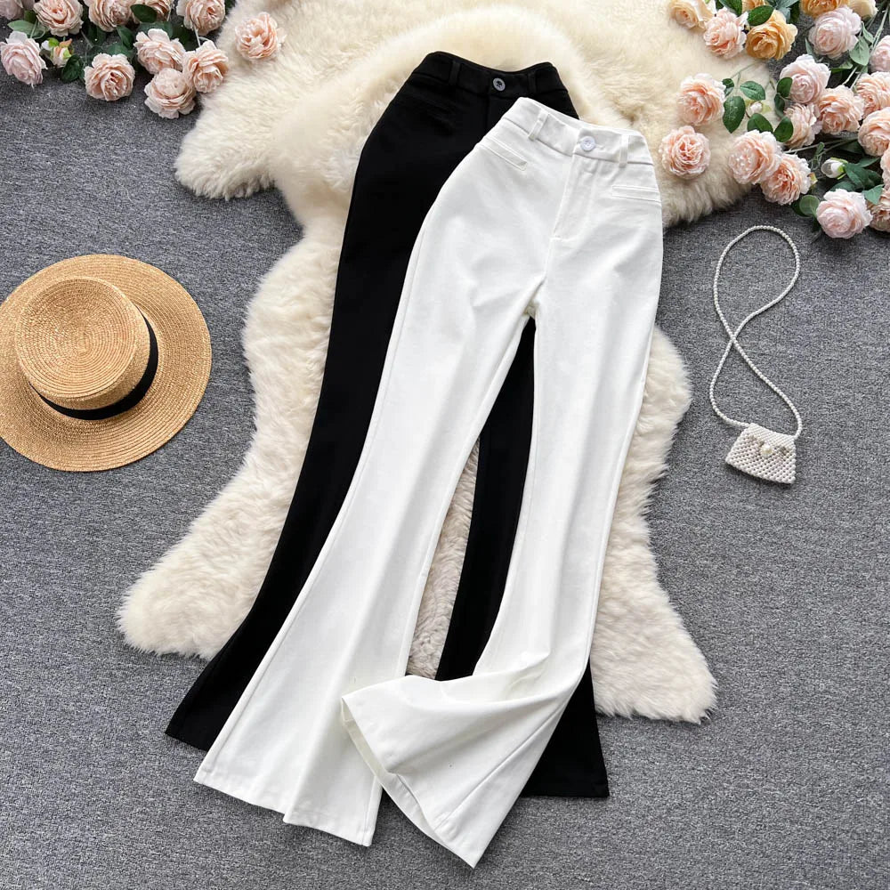 Spring Autumn Retro Flare Pants Women Casual High Waist Draping Slim Wide Leg Bottom Long Pants Korean White Black Trousers