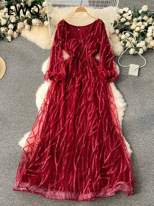 EWQ Bronzing Mesh V-neck Contrast Color High Waist A-line Vestidos Sweet Style Women's Dress Winter Spring 2024 New 27SN5497