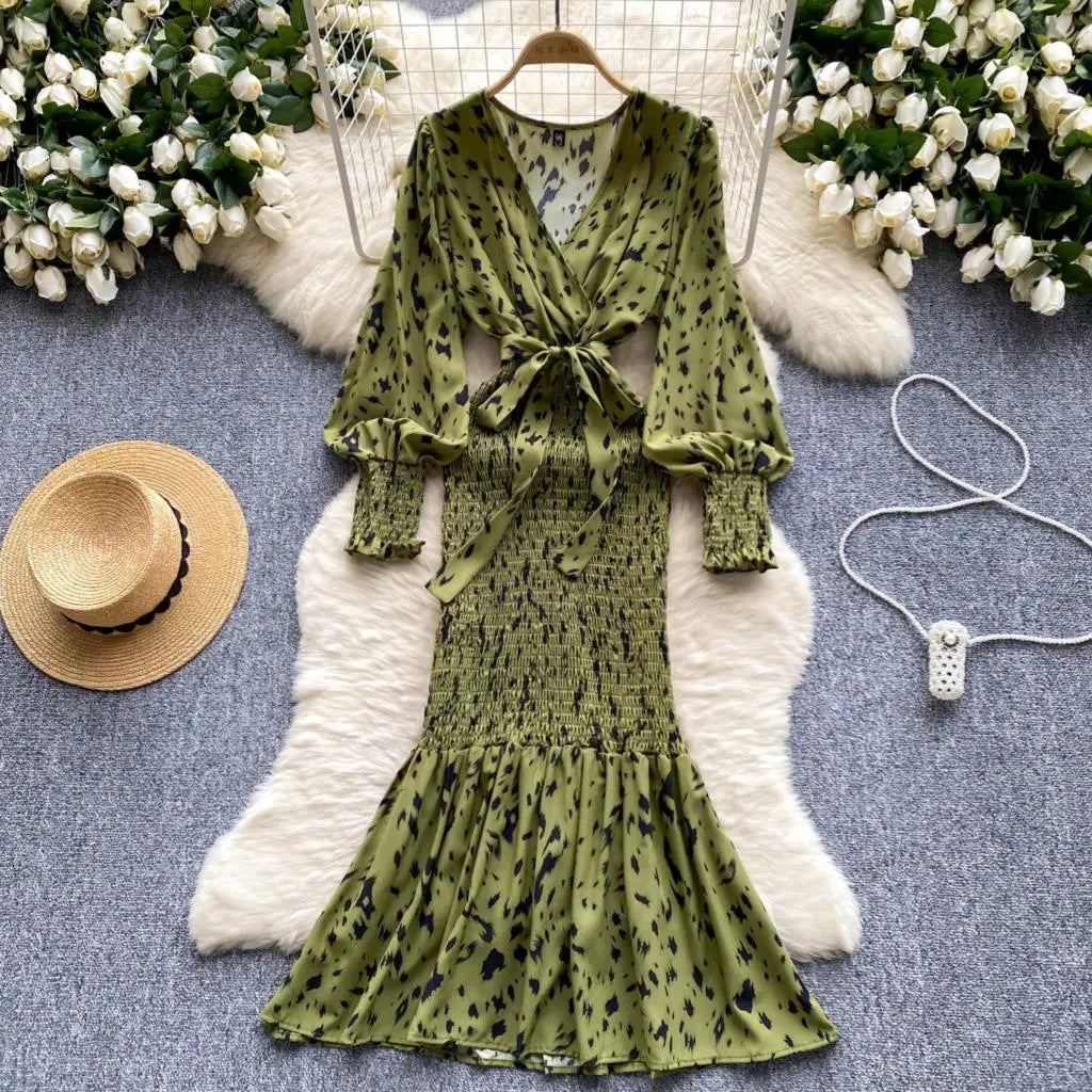 Women Casual Vintage Print Ruffle Long Dress Autumn Elegant V Neck Lantern Sleeve Party Mermaid Dresses Holiday Female Mujer New