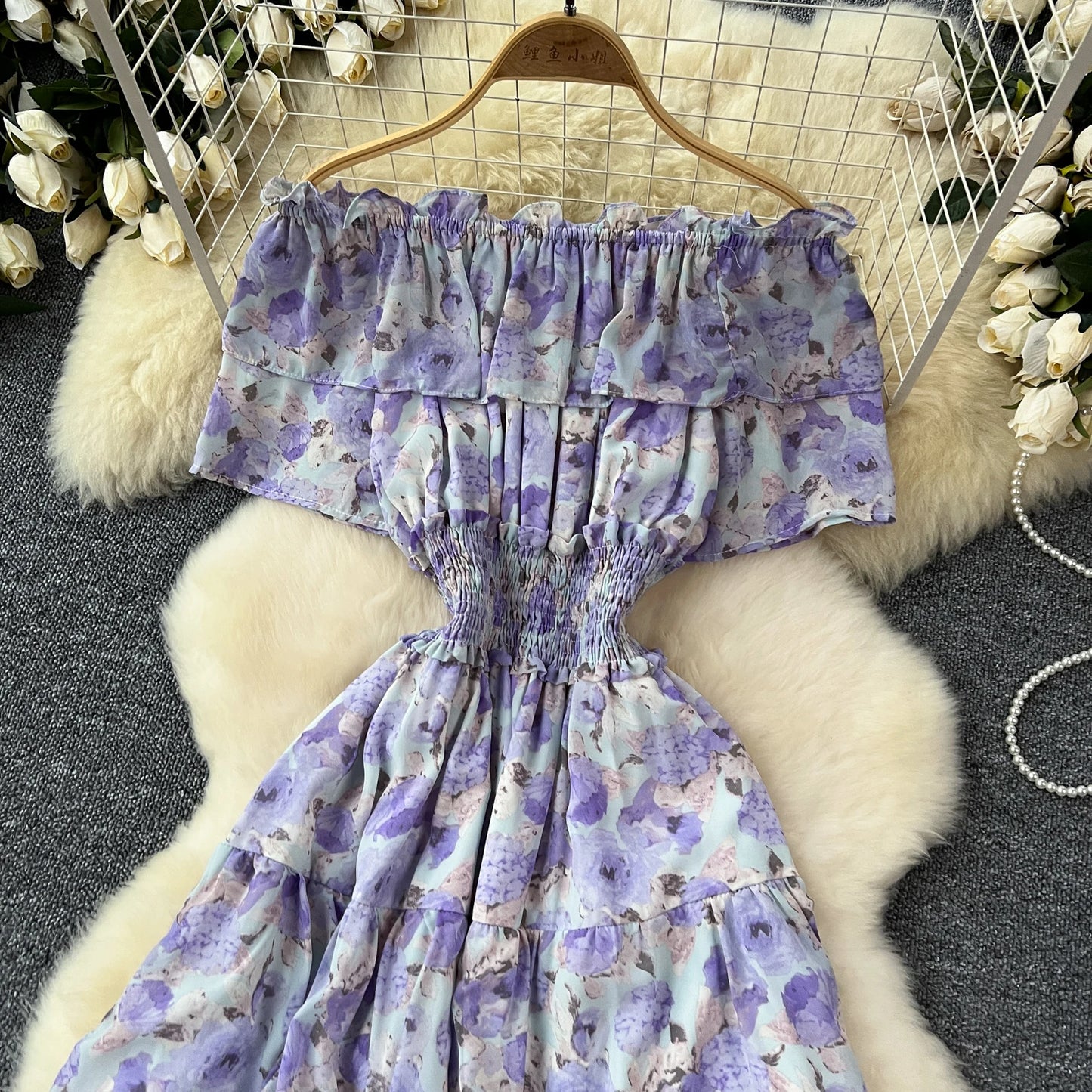 French Vintage  off shoulder short sleeve ruffle Dress Chic Casual Beach Vacation Women Summer chiffon dresses