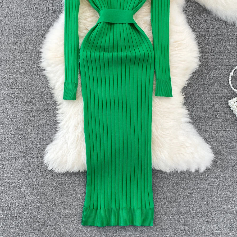 Chic Elegant Turtleneck Long Sleeve Bodycon Dress with Belt Sexy Fashion Knit Vestido Slim Autumn Winter Pencil Sweater Robe