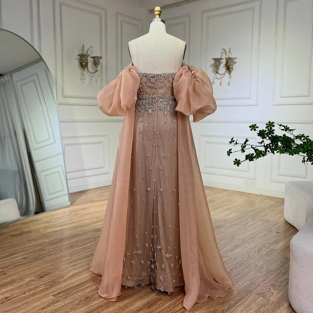 Serene Hill Black Sexy Off the Shoulder Puff Sleeves Evening Dresses Beaded Overskirt Mermaid Party Gown For Women 2023 BLA72002