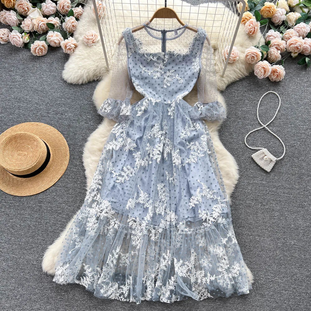 High Quality France Style Mesh Dress Women Long Ruffles Sleeves O Neck Embroidery Dot Zipper Ruched Gentle Party Sundress
