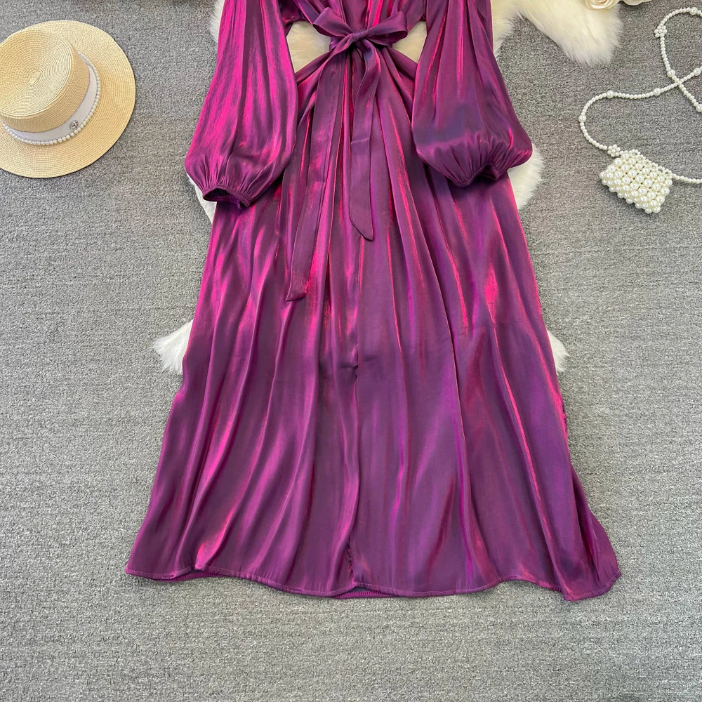 Autumn Elegant Women Fashion Party Long Dress Bow Lace Up Long Sleeve Evening Dresses A-Line Casual Vestidos One Piece Prom Robe