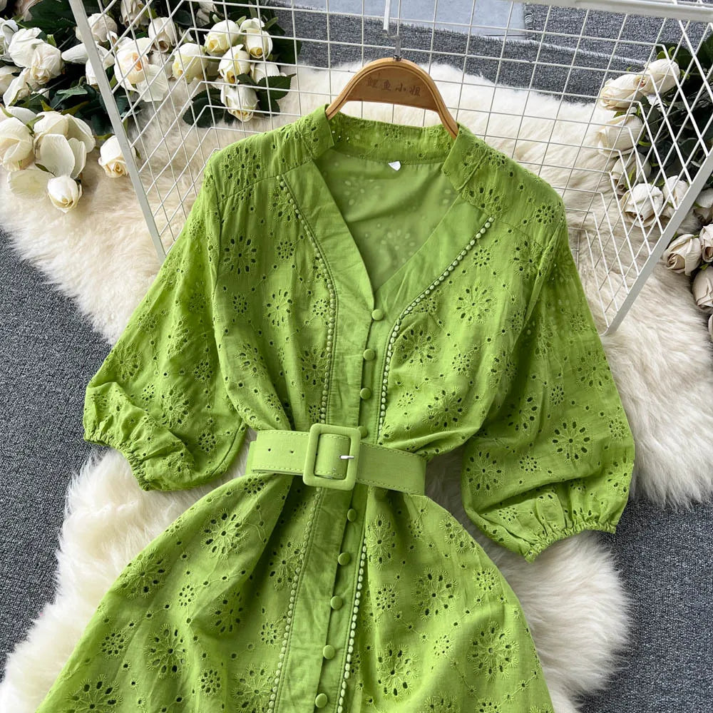 Summer V-neck Hollow Out Dress Women Bubble Sleeves Loose Embroidered Ruffle Edge Long Dresses Ladies Elegant Casual Long Robe
