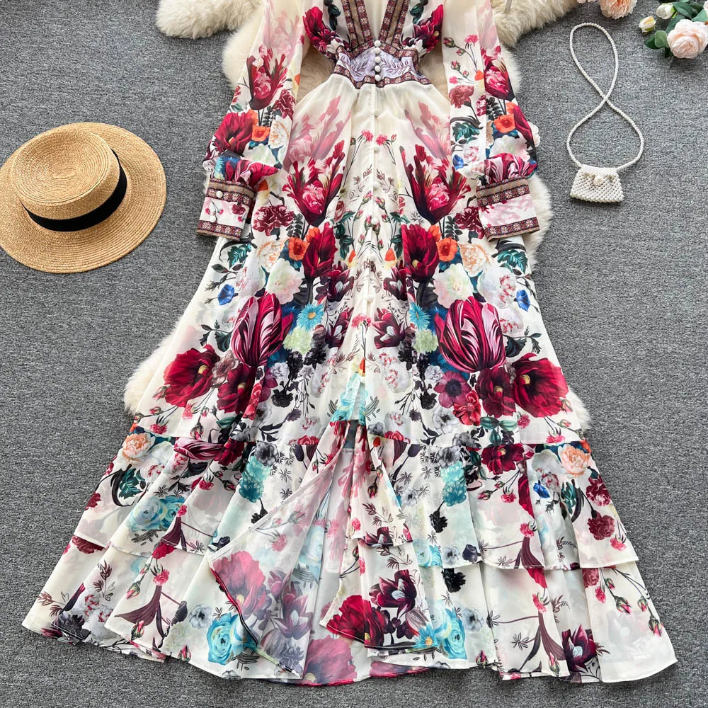 Retro Floral Print Pleated Elegant Chiffon Maxi Dress A-line Mesh V Neck Beach Vacation Party Dress Women Summer Spring Vestidos