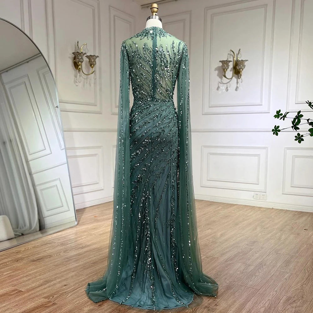Serene Hill 2024 Nude Cape Sleeves Mermaid Lace Beaded Luxury Dubai Long Evening Dresses Gowns for Women Wedding Party BLA71885A