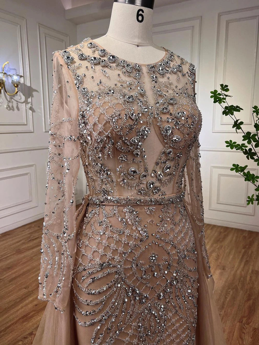 Serene Hill Muslim Silver Nude Mermaid Gown with Detachable Overskirt Beaded Evening Dress for Women Wedding Party 2024 LA71919