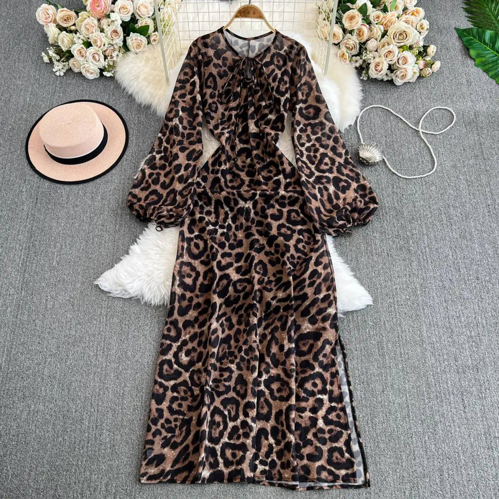 Autumn Elegant Women Leopard Print Long Sleeve Dress Casual Loose A-Line Slit Evening Dresses New Fashion Vintage Vestido Mujers