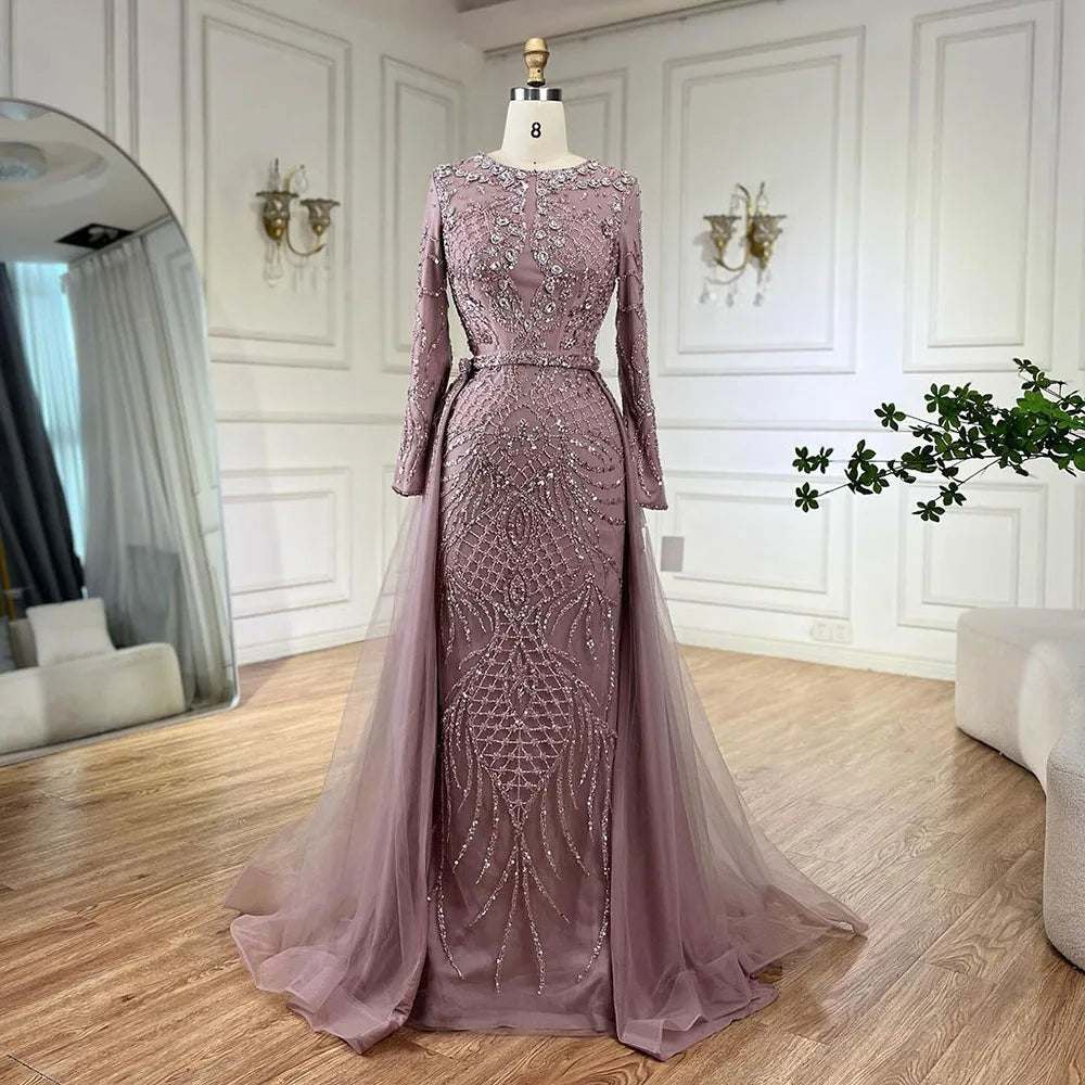 Serene Hill Muslim Silver Nude Mermaid Gown with Detachable Overskirt Beaded Evening Dress for Women Wedding Party 2024 LA71919