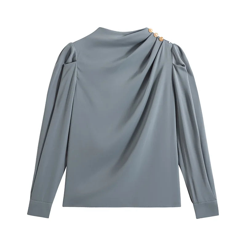 Autumn New Women's Style Stand up Collar Pleated Long Sleeve Top Fashion Lantern Sleeve Loose Elegant Solid Color Shirt Blouse