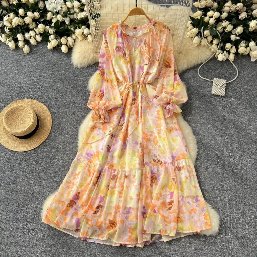 Elegant Floral Print Party Dress for Women French O-Neck Embroidered Flares Lace Up Lantern Long Sleeves Chiffon Long Dresses