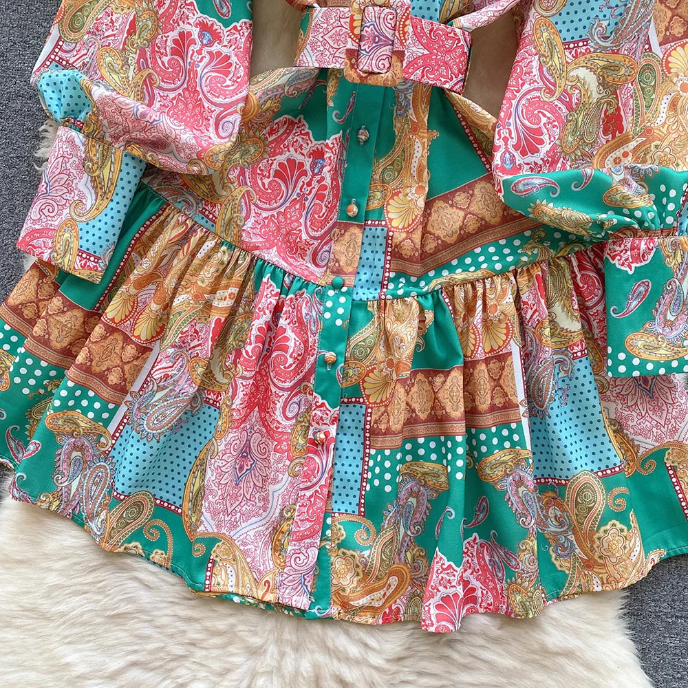 New In Dresses 2024 Spring Vintage Paisley Print Vacation Bohemian Dress Women Stand Collar Long Sleeve Mini Dress With Belt