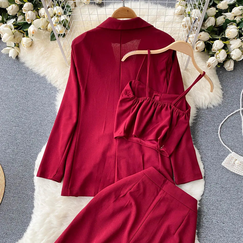 Women Elegant Blazer Three Piece Sets Sexy Tank Tops Loose Jacket and Slim High Waisted Long Pants Suits Woman Outfits