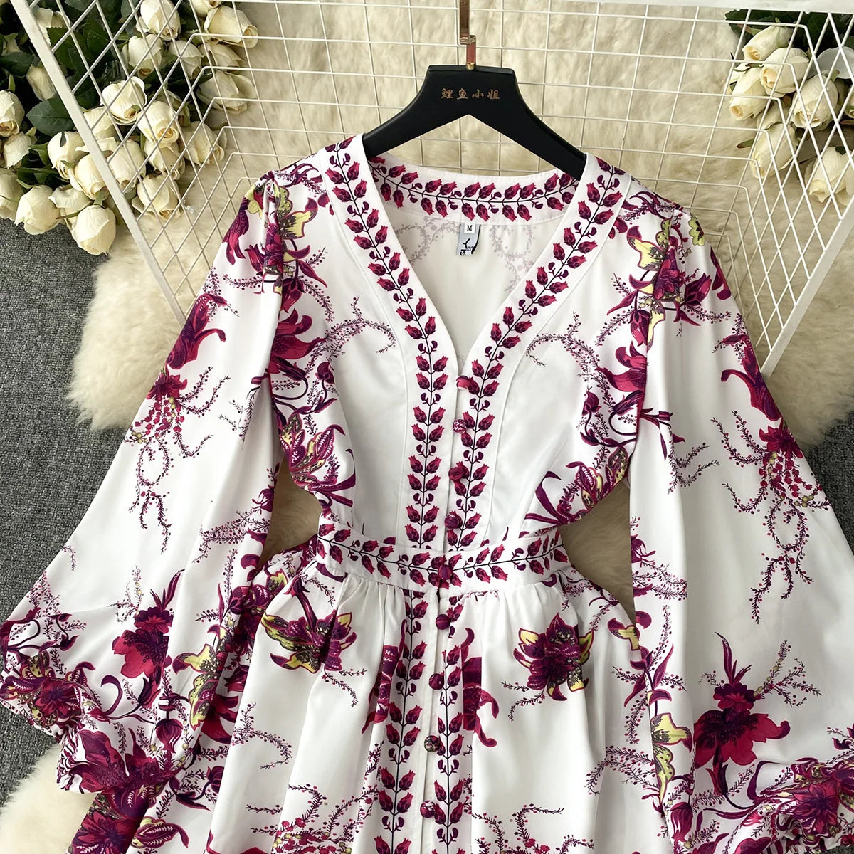 New In Dresses 2023 Fashion Women Clothing Party Elegant Vintage Print Dress Front Button Up V Neck Long Puff Sleeve Mini Dress