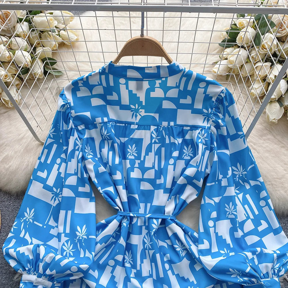 Short Dresses For Women Front Button Up Elegant Geometric Print Dress V Neck Long Sleeve Ruffle Hem Tie Belt Mini Casual Dress