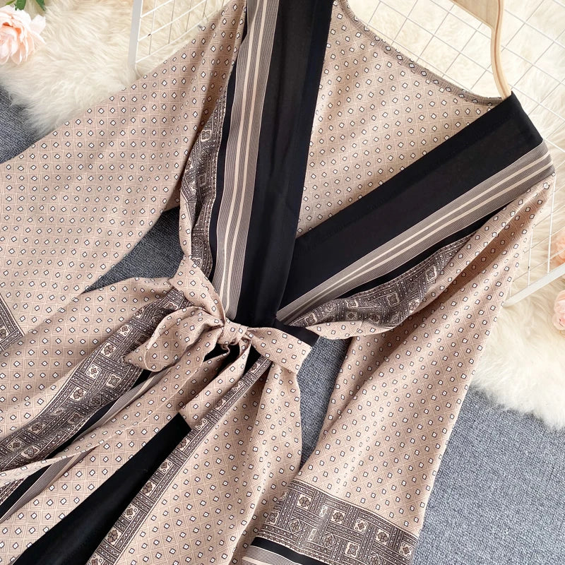 Vintage Print Elegant Puff Sleeve One Piece Dress A-line Lace-up Beach Vacation Midi Dress Women Fashion Spring Autumn Vestidos