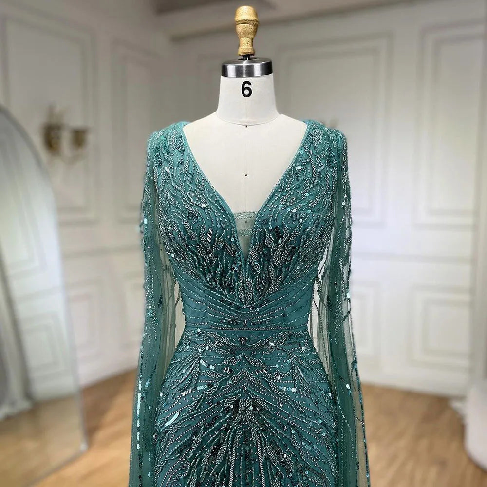 SERENE HILL 2024 Arabic Silver Mermaid Cape Sleeves Luxury Beaded Evening Dresses Formal Long Gowns Women Wedding Party GLA72239