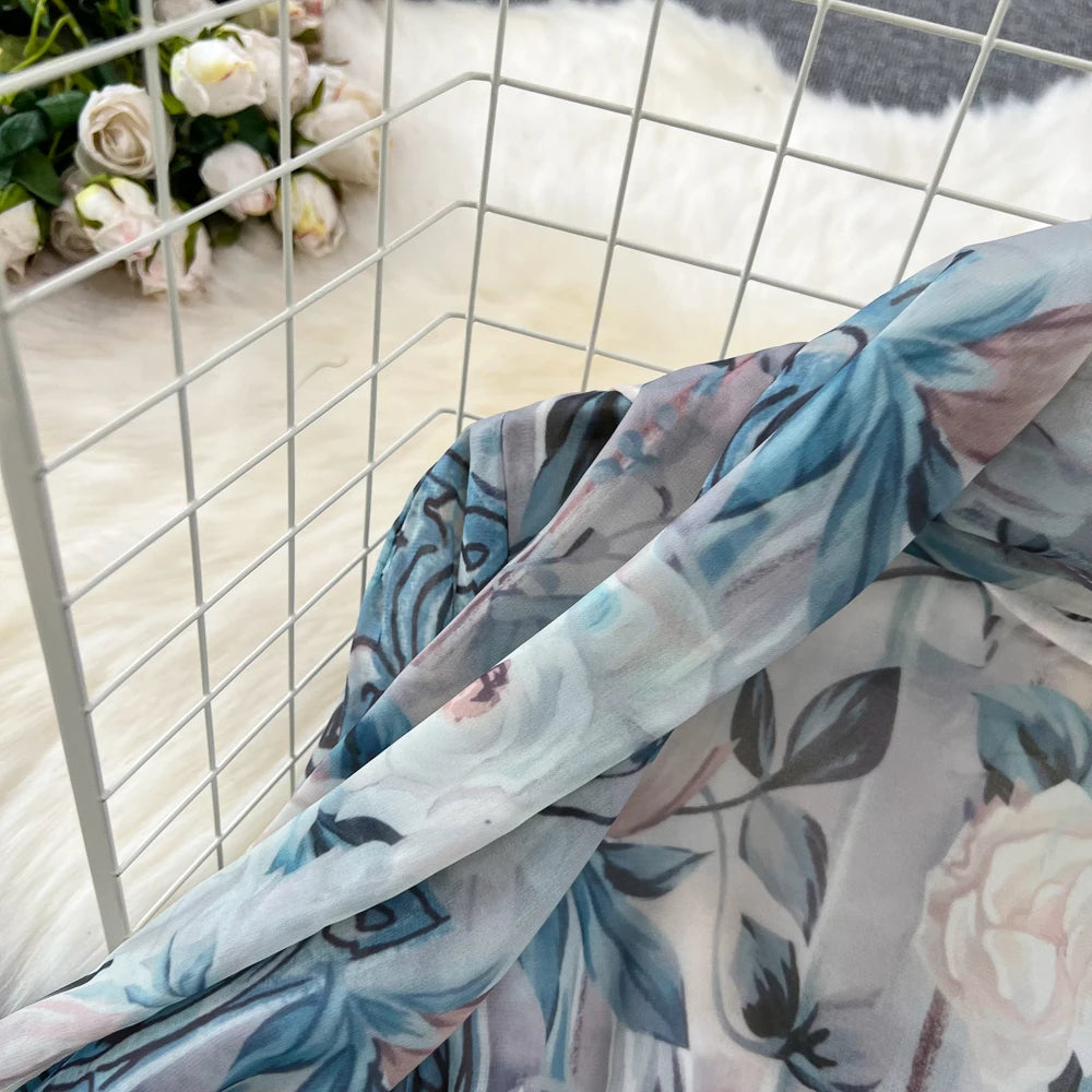 Elegant Chic A-Line Women Autumn Dress Long Sleeve Casual Floral Print Vintage Beach Holiday Vestidos Female Lace-up Robe Mujers